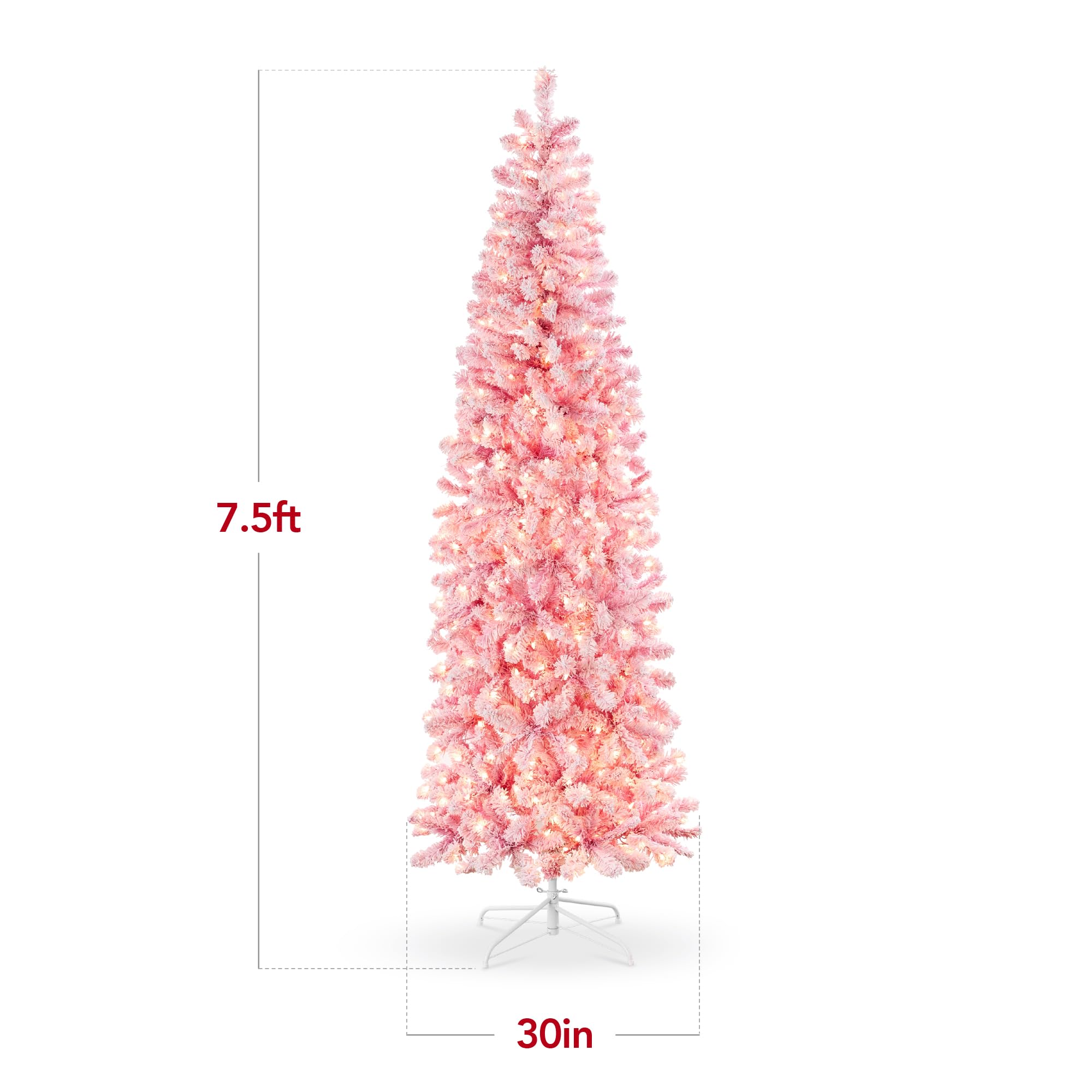 Best Choice Products Flocked Pink Pencil Christmas Tree, Pre-Lit Slim Artificial Holiday Decoration, 7.5ft Lighted Skinny w/Base, Warm White Lights - Image 7