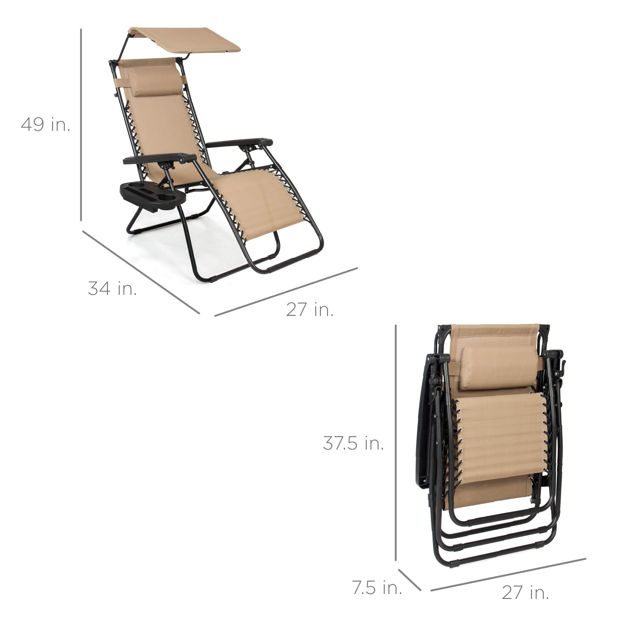 Best Choice Products Folding Zero Gravity Outdoor Recliner Patio Lounge Chair w/Adjustable Canopy Shade, Headrest, Side Accessory Tray, Textilene Mesh - Beige - Image 3