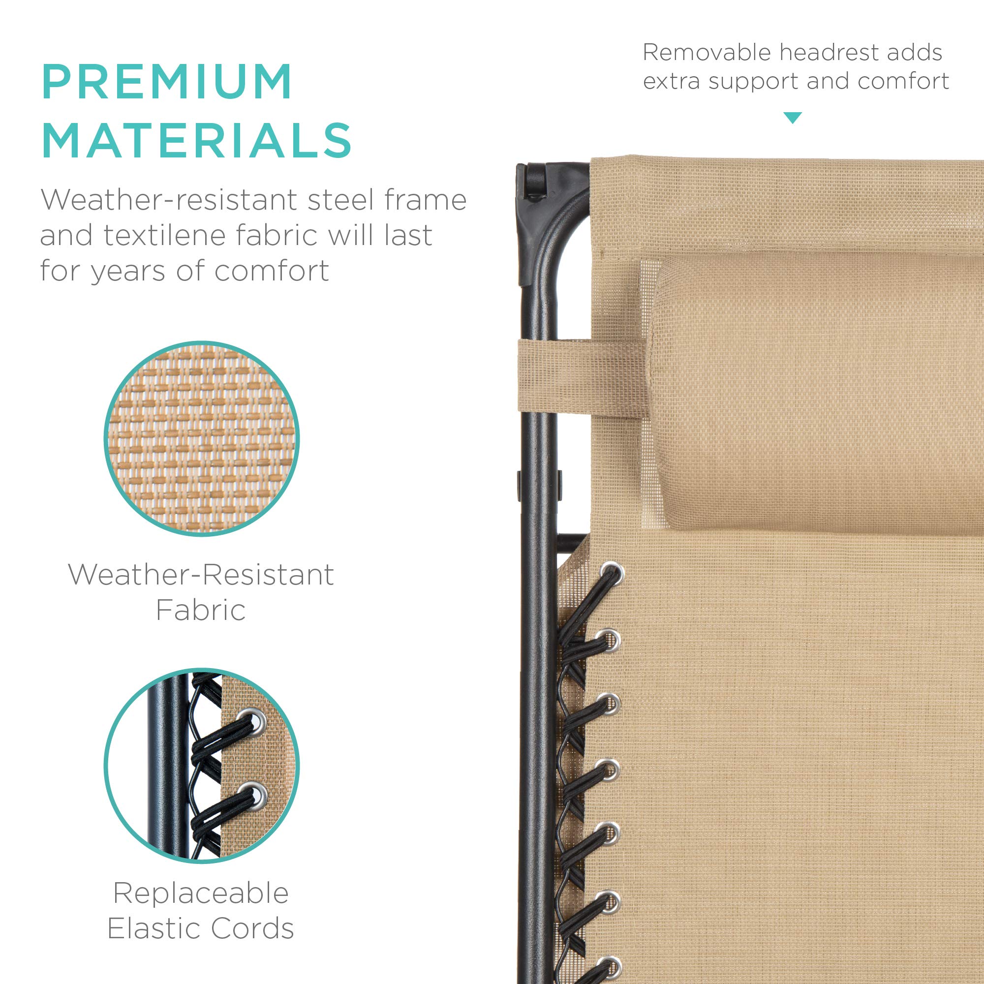 Best Choice Products Folding Zero Gravity Outdoor Recliner Patio Lounge Chair w/Adjustable Canopy Shade, Headrest, Side Accessory Tray, Textilene Mesh - Beige - Image 6