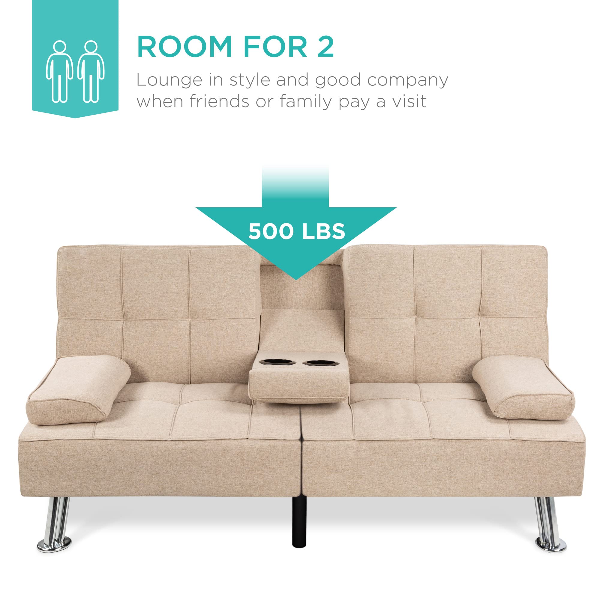 Best Choice Products Linen Modern Folding Futon, Reclining Sofa Bed for Apartment, Dorm w/Removable Armrests, 2 Cupholders - Beige - Image 4