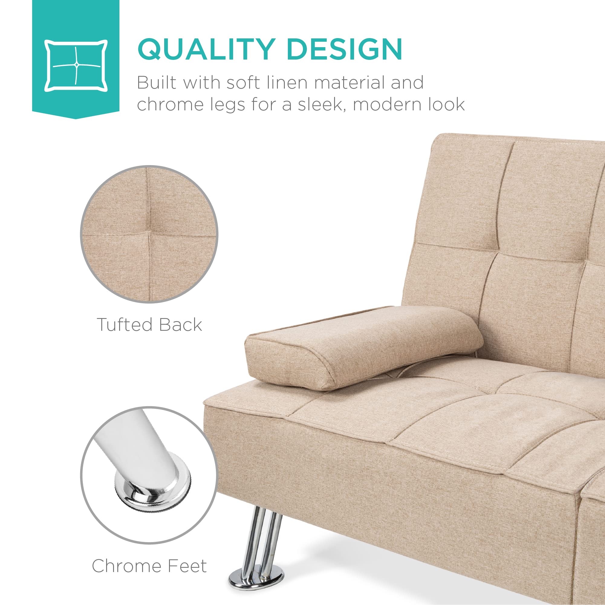 Best Choice Products Linen Modern Folding Futon, Reclining Sofa Bed for Apartment, Dorm w/Removable Armrests, 2 Cupholders - Beige - Image 6