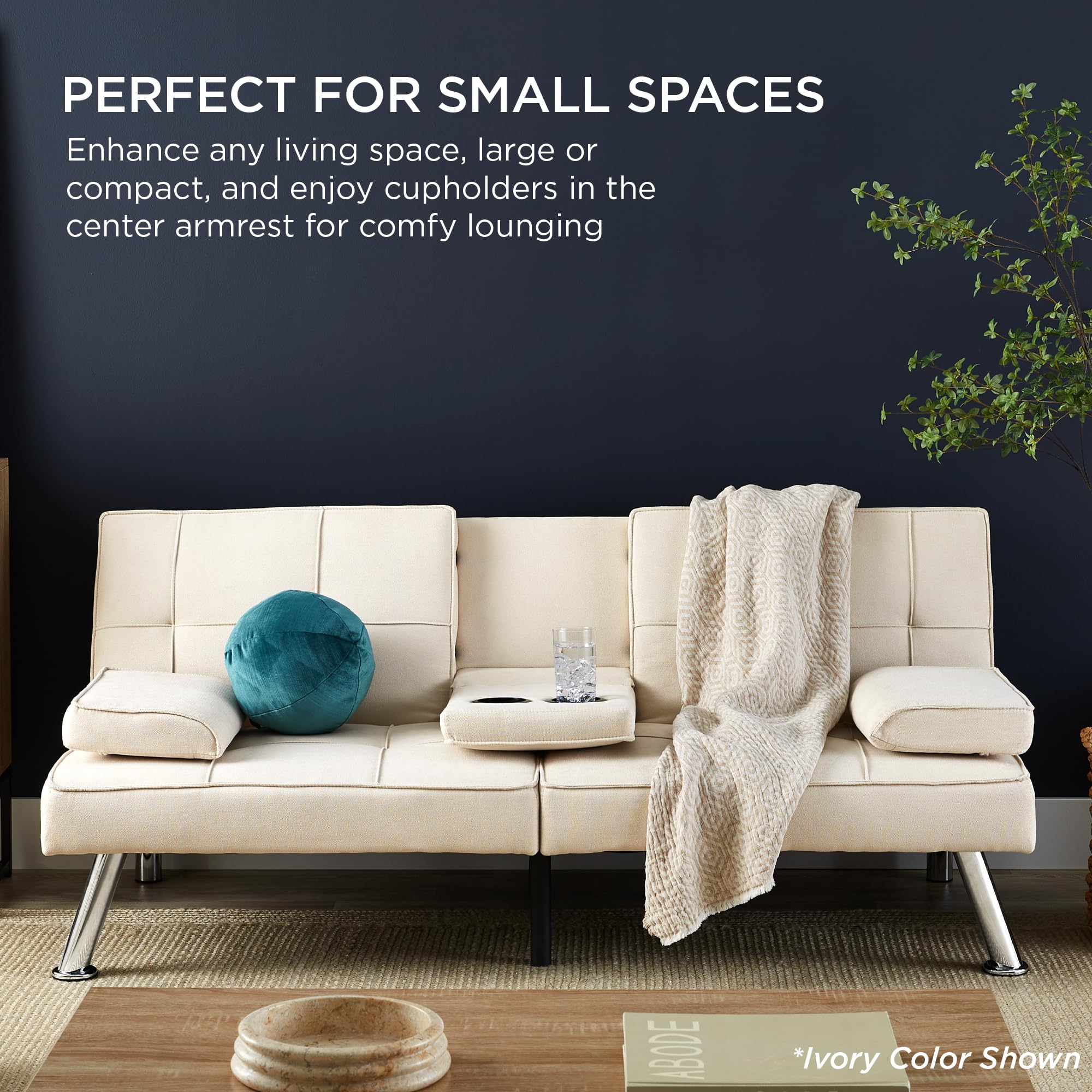 Best Choice Products Linen Modern Folding Futon, Reclining Sofa Bed for Apartment, Dorm w/Removable Armrests, 2 Cupholders - Beige - Image 7