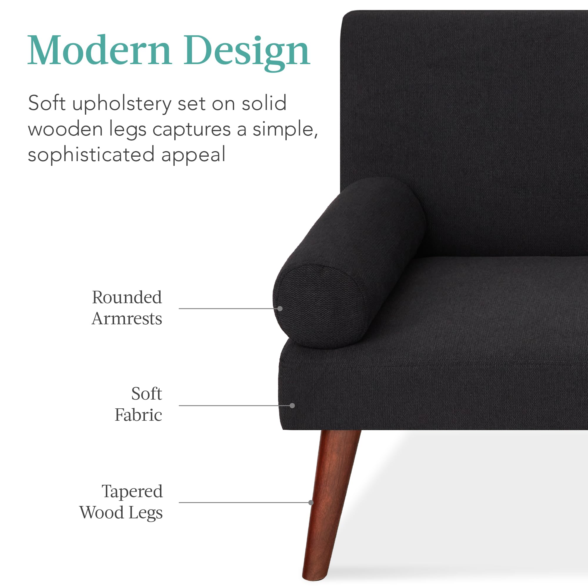Best Choice Products Mid-Century Modern Upholstered Futon, Convertible Folding Sofa Bed, Small Couch w/Rounded Armrests, 2 Cupholders - Black - Image 4