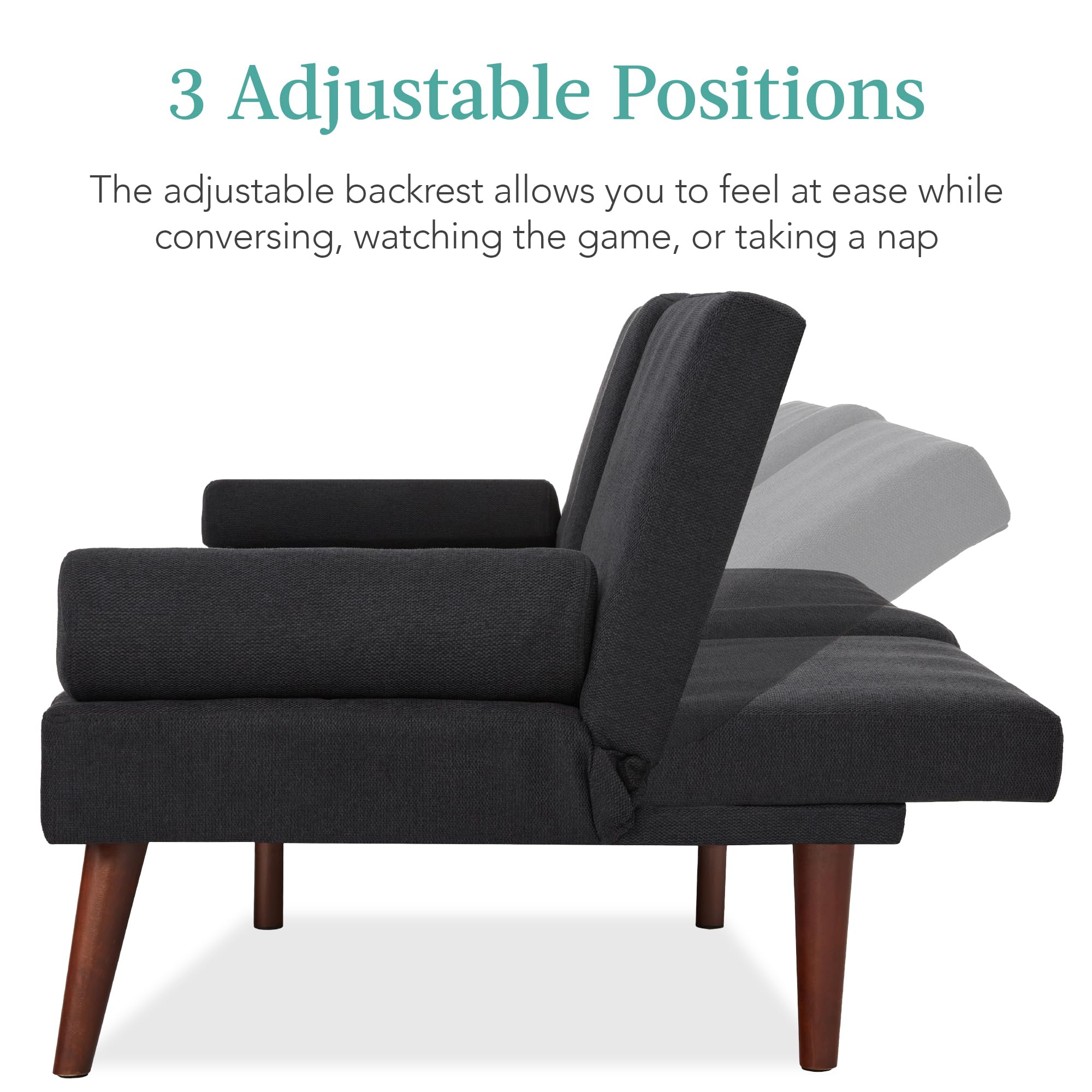 Best Choice Products Mid-Century Modern Upholstered Futon, Convertible Folding Sofa Bed, Small Couch w/Rounded Armrests, 2 Cupholders - Black - Image 5