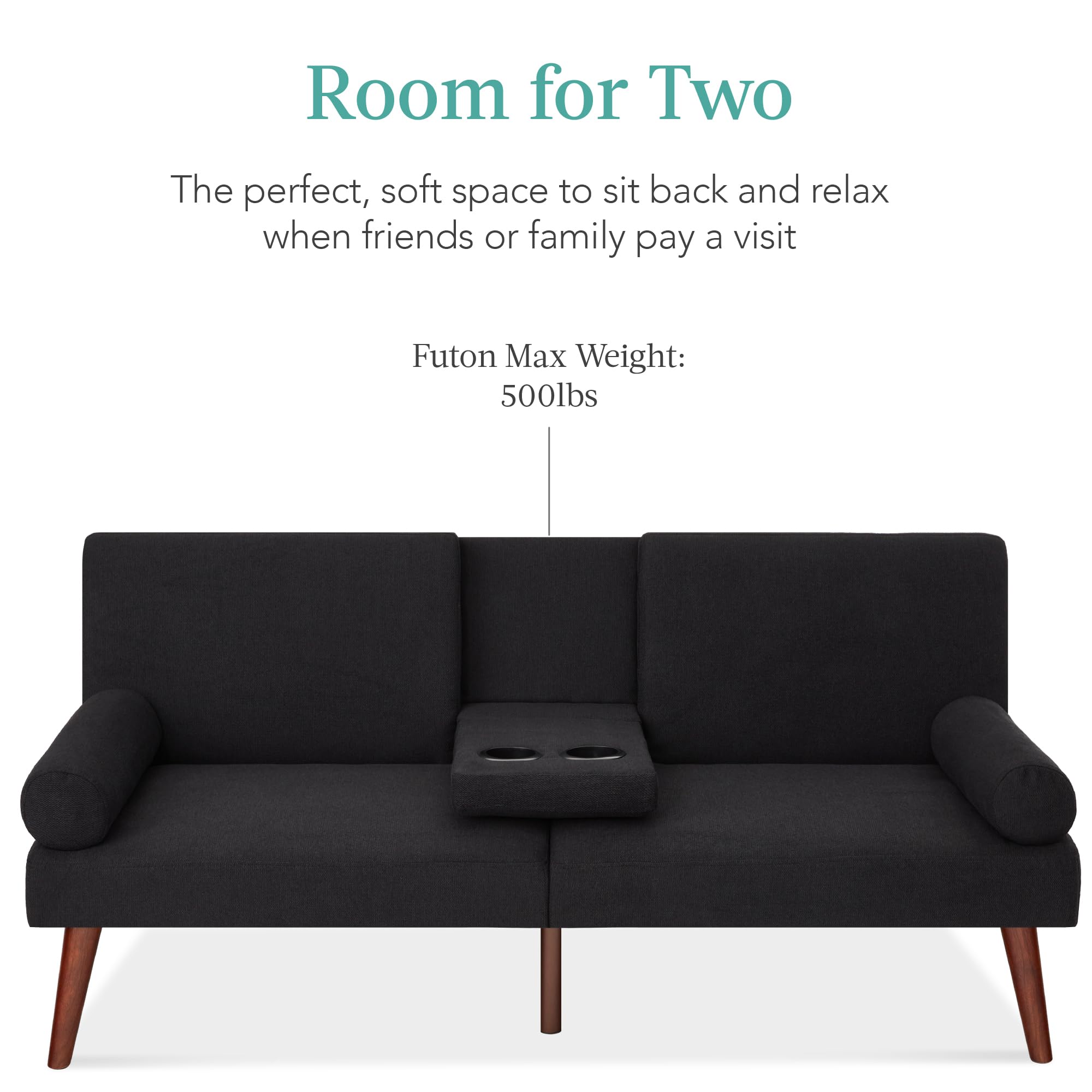 Best Choice Products Mid-Century Modern Upholstered Futon, Convertible Folding Sofa Bed, Small Couch w/Rounded Armrests, 2 Cupholders - Black - Image 6