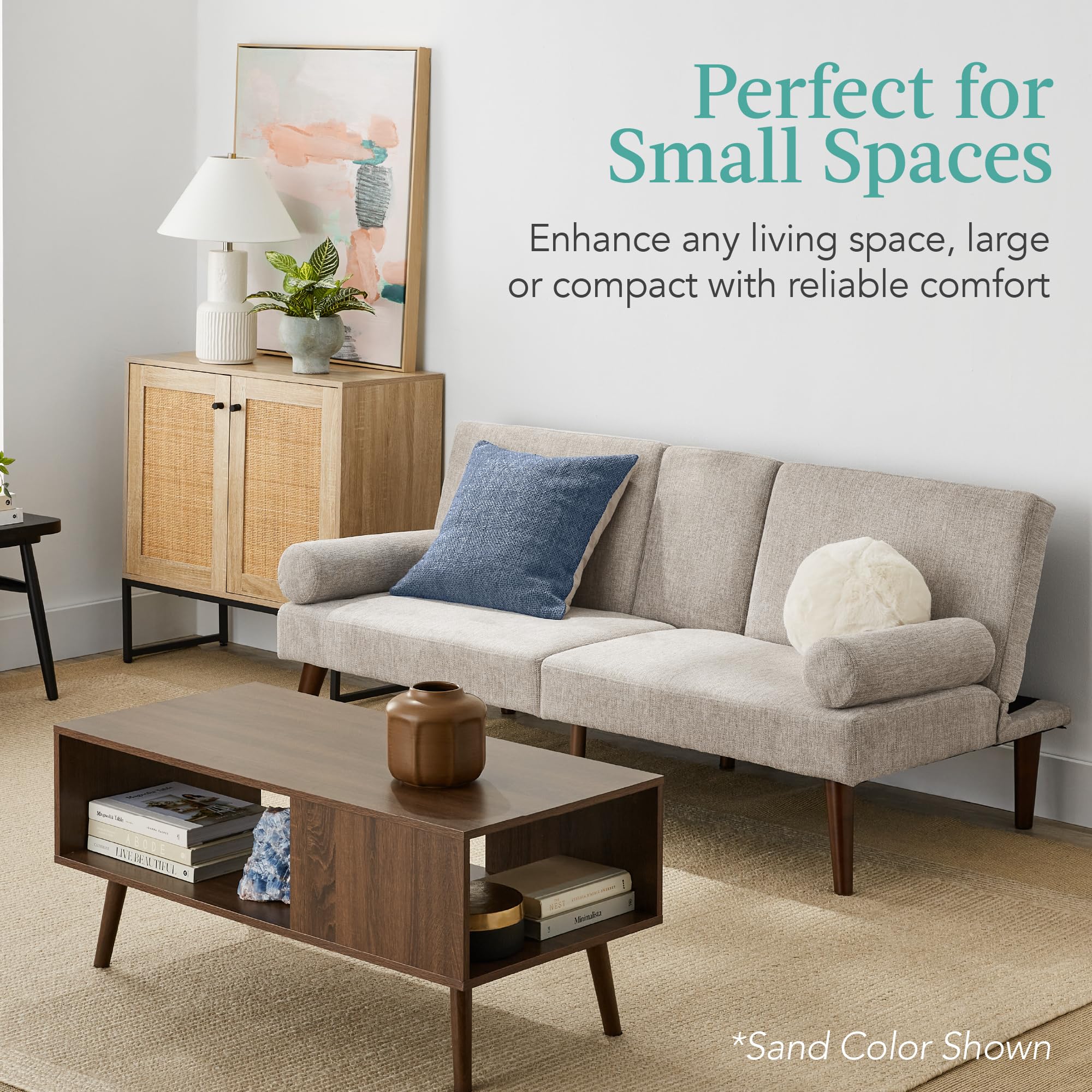 Best Choice Products Mid-Century Modern Upholstered Futon, Convertible Folding Sofa Bed, Small Couch w/Rounded Armrests, 2 Cupholders - Black - Image 8