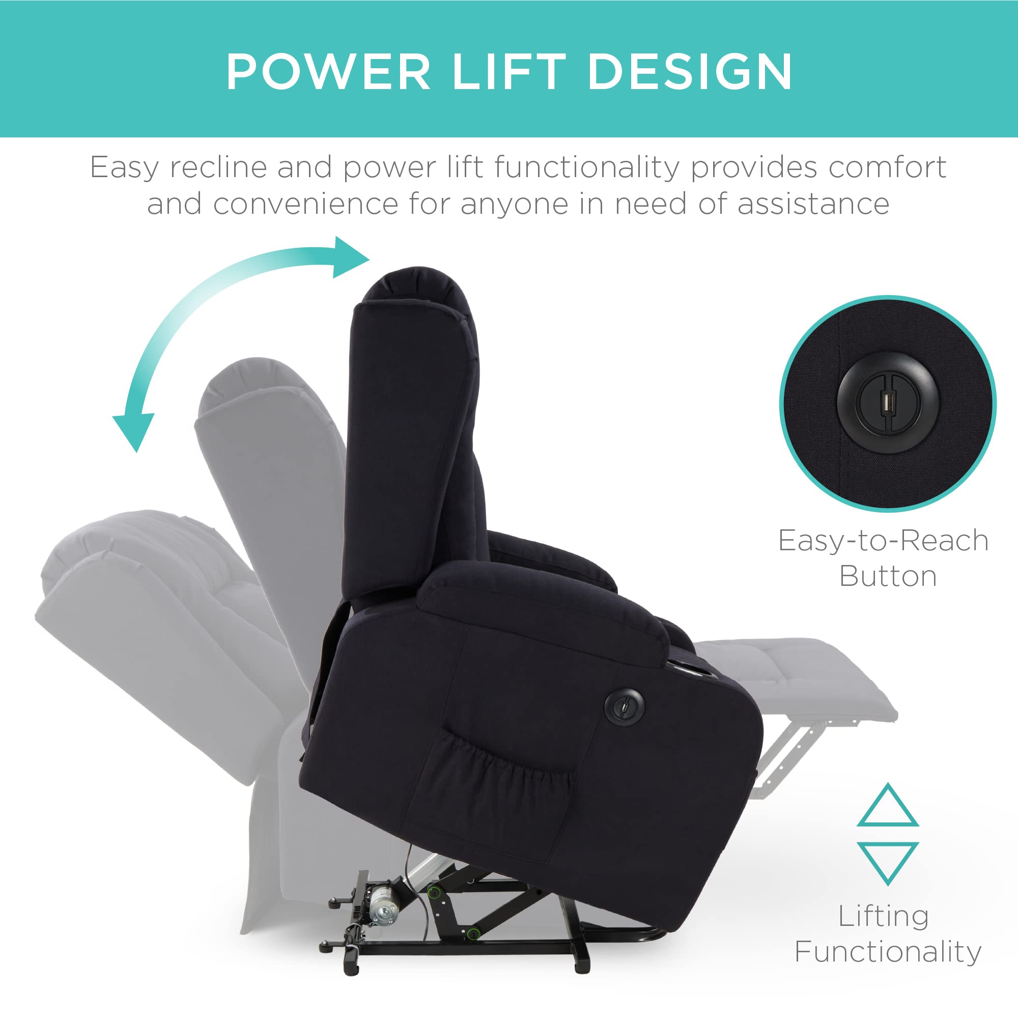 Best Choice Products Modern Linen Electric Power Lift Chair, Recliner Massage Chair, Adjustable Furniture for Back, Legs w/ 3 Positions, USB Port, Heat, Cupholders, Easy-to-Reach Button - Black - Image 4