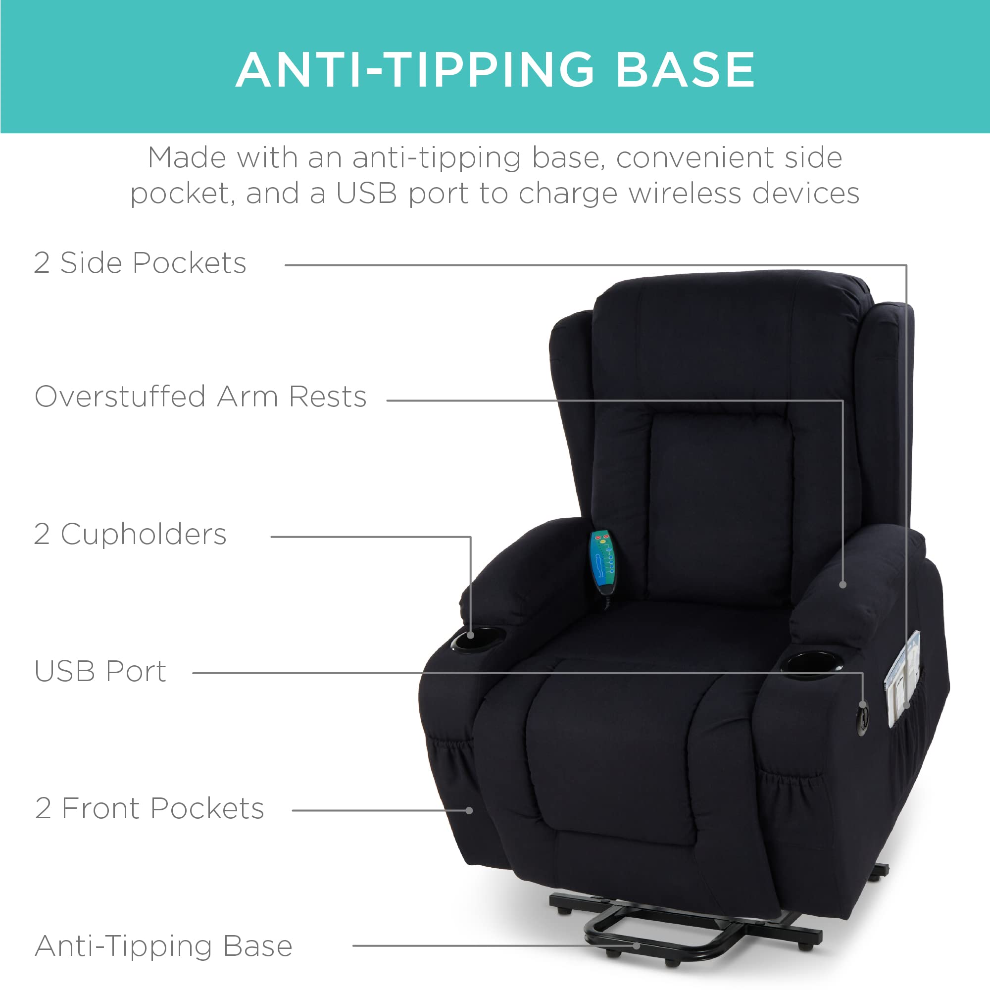 Best Choice Products Modern Linen Electric Power Lift Chair, Recliner Massage Chair, Adjustable Furniture for Back, Legs w/ 3 Positions, USB Port, Heat, Cupholders, Easy-to-Reach Button - Black - Image 6