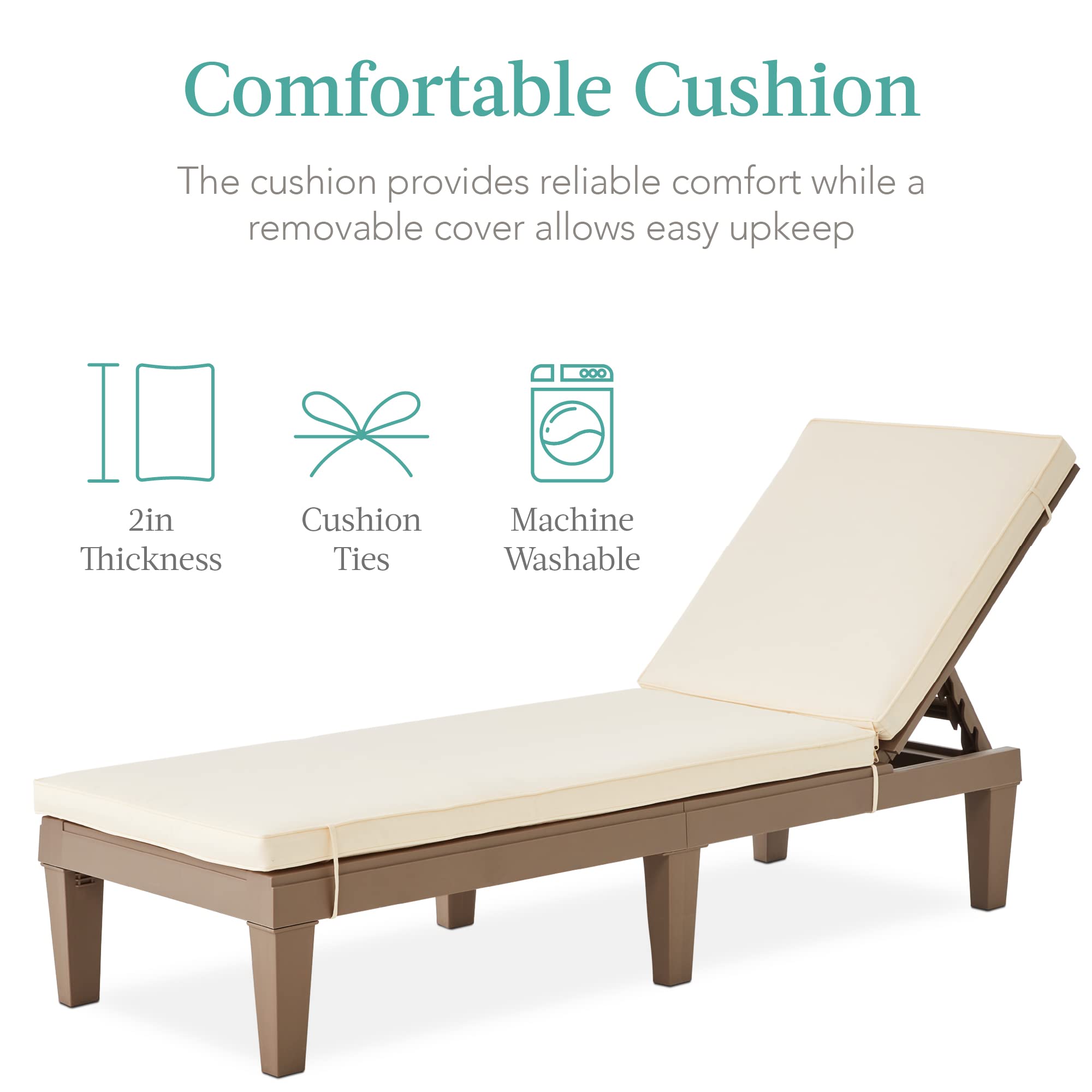 Best Choice Products Outdoor Lounge Chair, Resin Patio Chaise Lounger for Poolside, Backyard, Porch w/Seat Cushion, Adjustable Backrest, 5 Positions, 330lb Capacity - Brown/Ivory - Image 5
