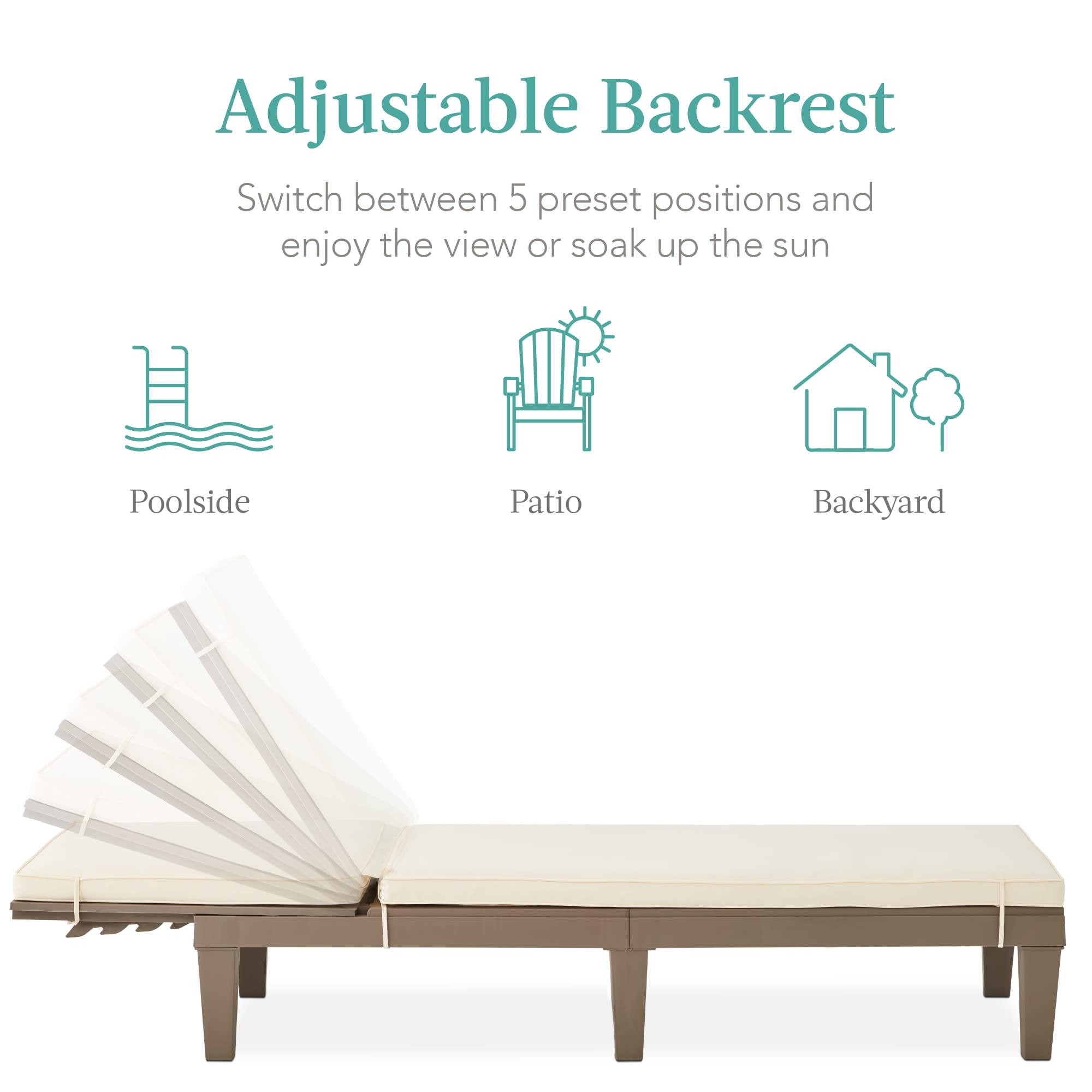 Best Choice Products Outdoor Lounge Chair, Resin Patio Chaise Lounger for Poolside, Backyard, Porch w/Seat Cushion, Adjustable Backrest, 5 Positions, 330lb Capacity - Brown/Ivory - Image 7