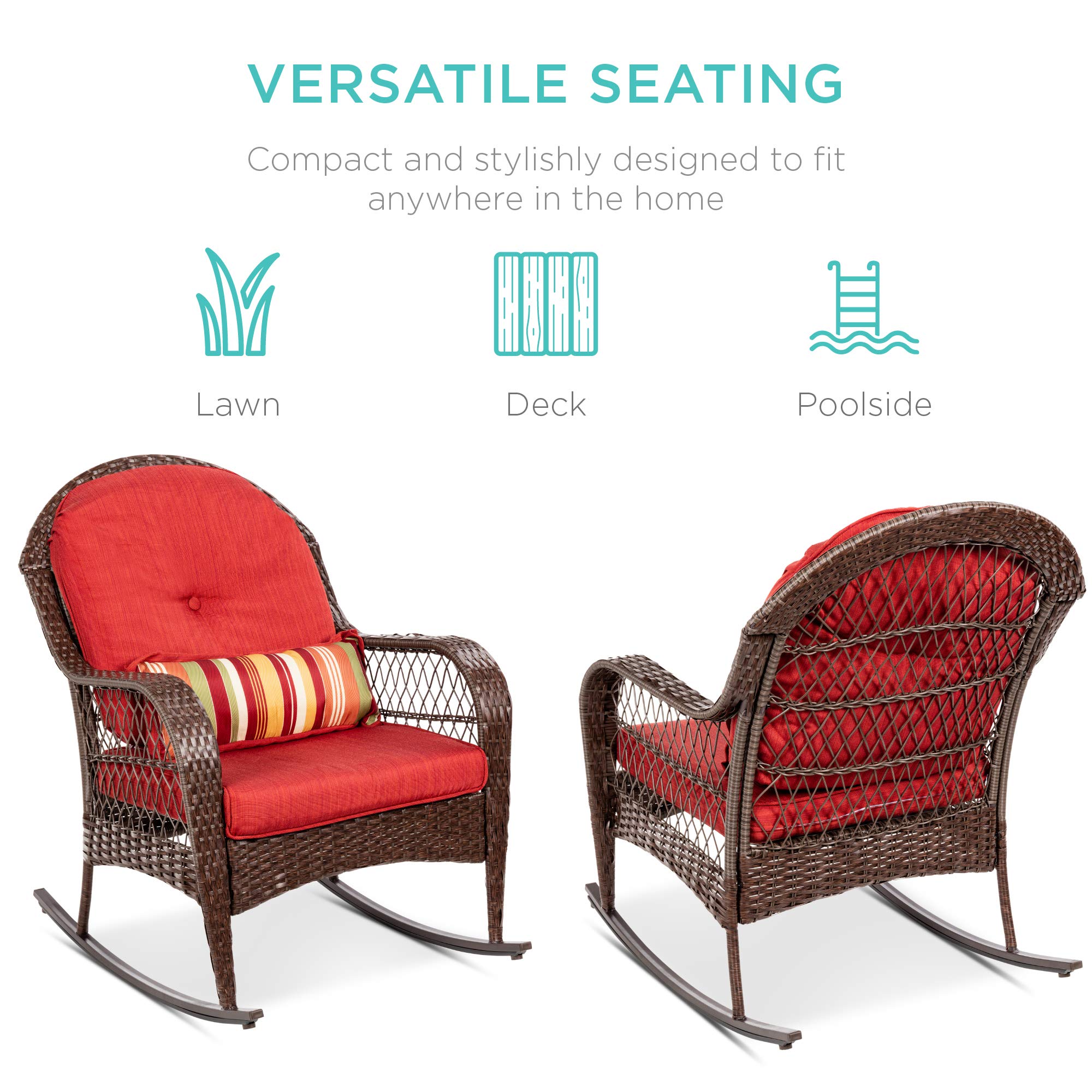 Best Choice Products Outdoor Wicker Patio Rocking Chair for Porch, Deck, Poolside w/Steel Frame, Weather-Resistant Cushions - Red - Image 6