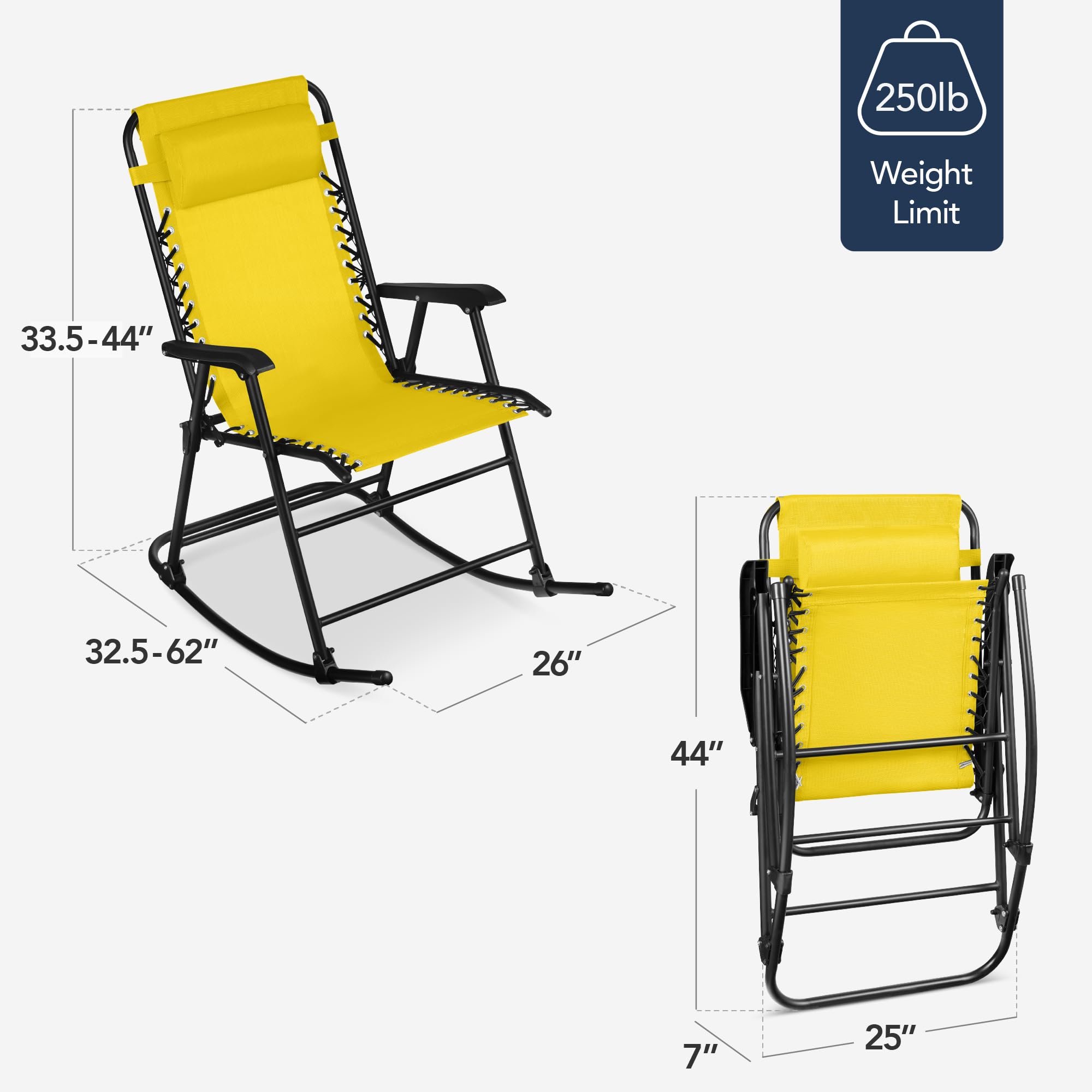 Best Choice Products Outdoor Zero Gravity Rocking Chair, Folding Reclining Patio Lounge Chair with Adjustable Pillow for Lawn, Beach, Camping - Sunflower Yellow - Image 3