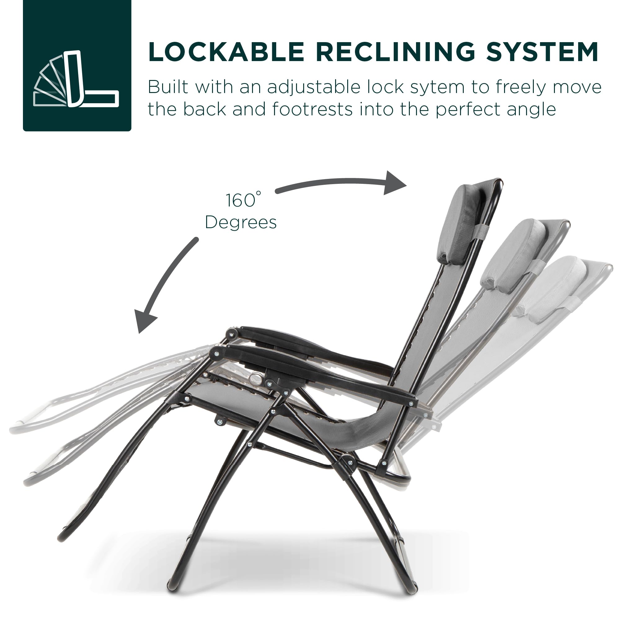 Best Choice Products Oversized Zero Gravity Chair, Folding Outdoor Patio Lounge Recliner w/Cup Holder Accessory Tray, Pillow - Gray - Image 5