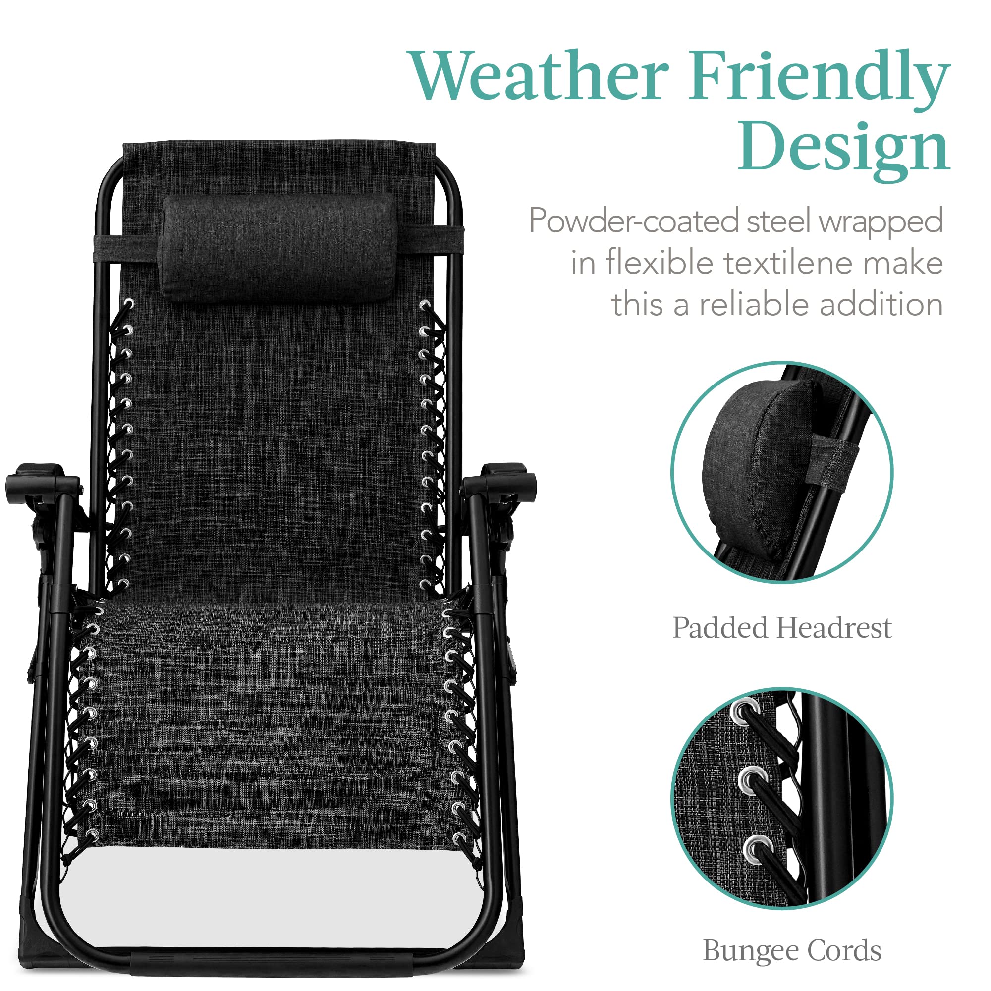 Best Choice Products Oversized Zero Gravity Chair, Folding Outdoor Patio Recliner, XL Anti Gravity Lounger w/Removable Cushion, Cup Holder, Side Tray, 350lb Capacity - Onyx Black - Image 5