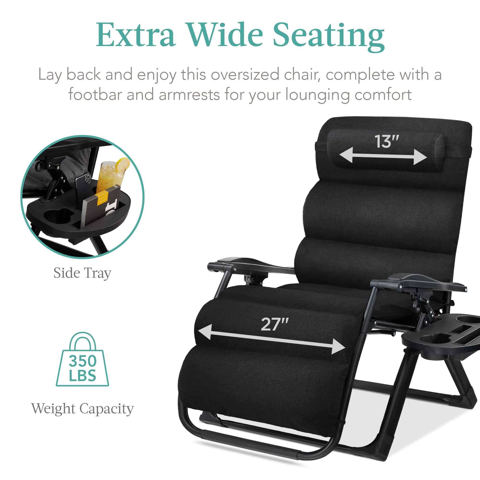 Best Choice Products Oversized Zero Gravity Chair, Folding Outdoor Patio Recliner, XL Anti Gravity Lounger w/Removable Cushion, Cup Holder, Side Tray, 350lb Capacity - Onyx Black - Image 7