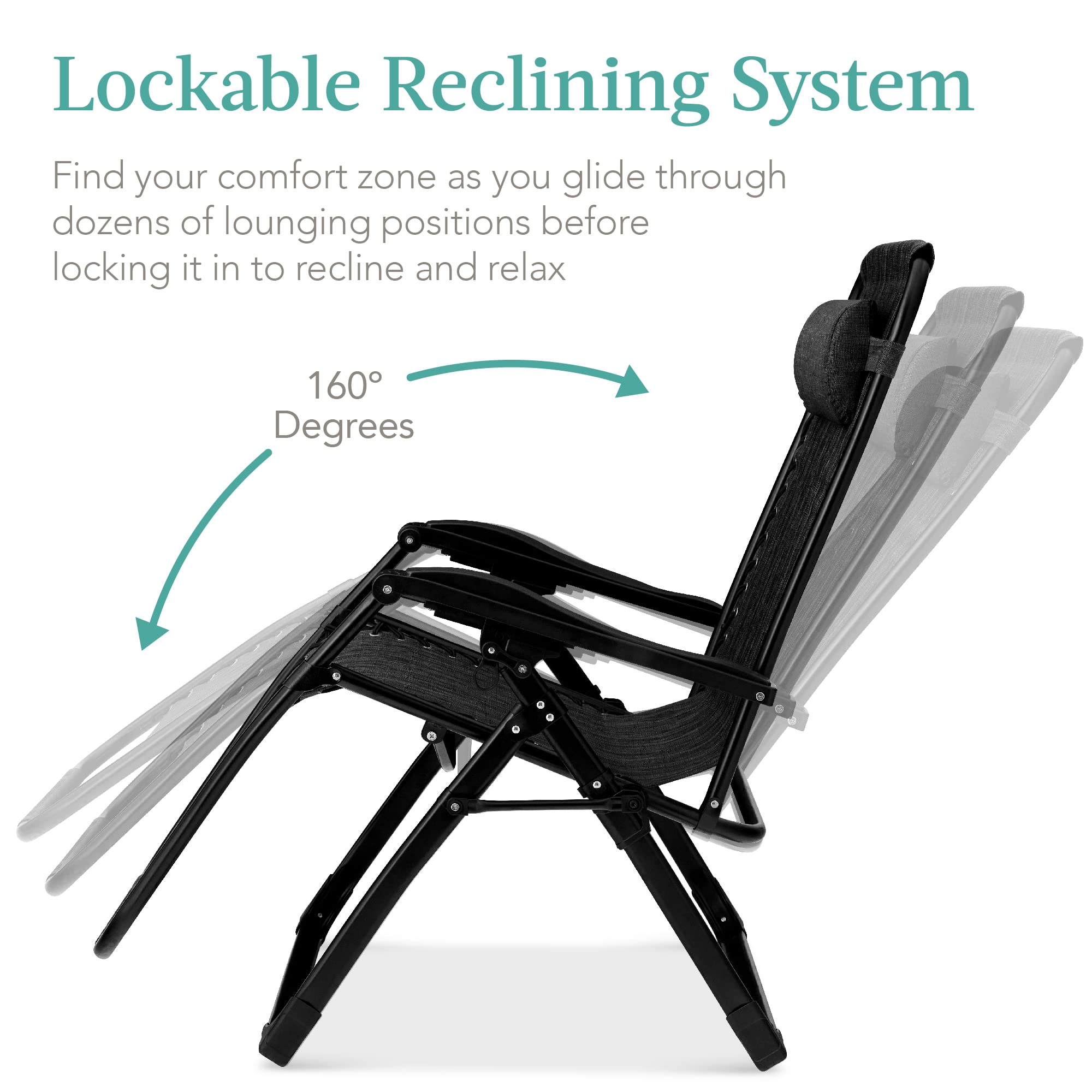 Best Choice Products Oversized Zero Gravity Chair, Folding Outdoor Patio Recliner, XL Anti Gravity Lounger w/Removable Cushion, Cup Holder, Side Tray, 350lb Capacity - Onyx Black - Image 8