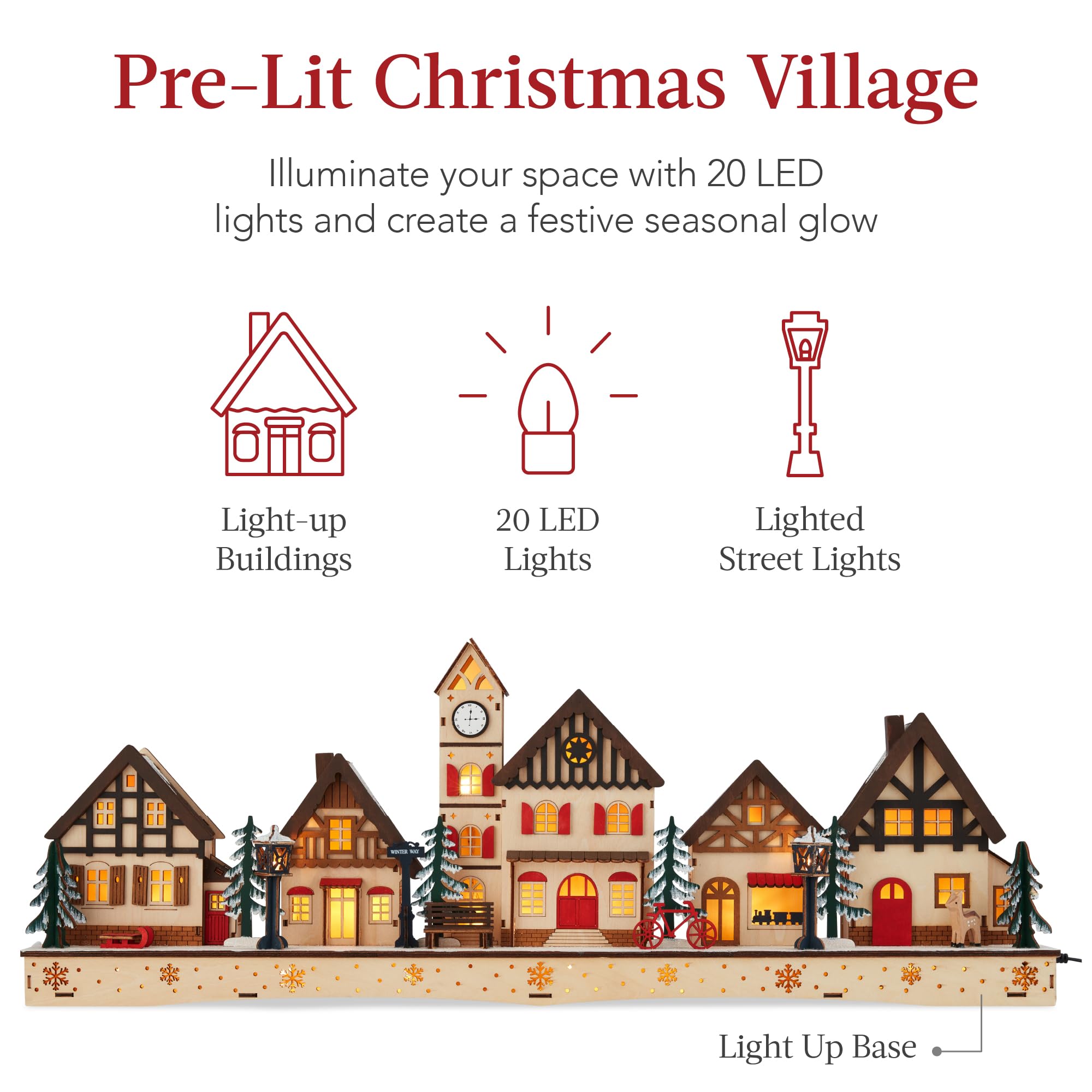 Best Choice Products Pre-Lit Wooden Christmas Village, Winter Mantel Decor, Traditional Holiday Decoration for Home, Living Room, Entryway w/LED Lights, Plug-in/Battery-Powered w/Timer - Image 3