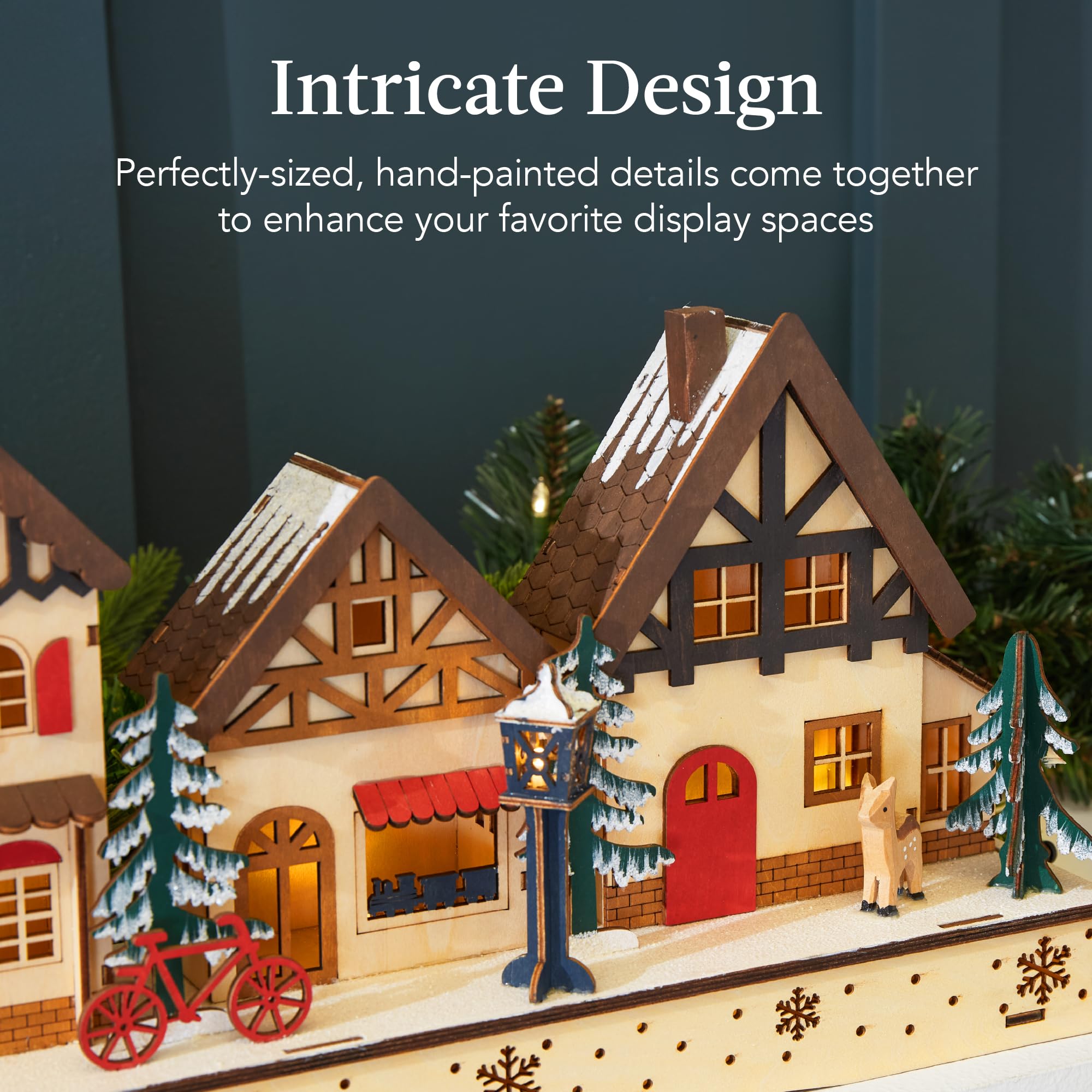 Best Choice Products Pre-Lit Wooden Christmas Village, Winter Mantel Decor, Traditional Holiday Decoration for Home, Living Room, Entryway w/LED Lights, Plug-in/Battery-Powered w/Timer - Image 5