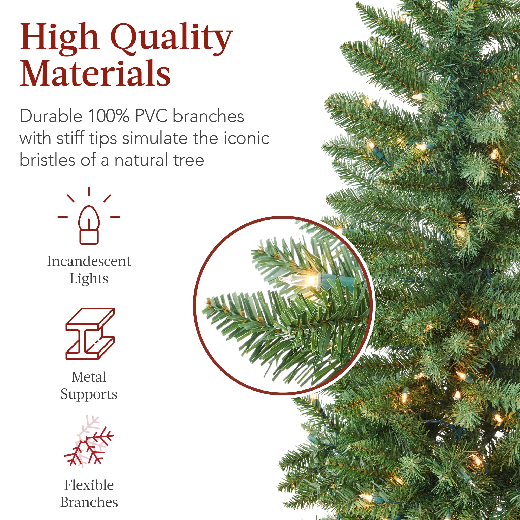Best Choice Products Prelit Pencil Christmas Tree, 7.5ft Premium Artificial Tree, Realistic Lighted Spruce Holiday Decor w/Warm White Lights, Base - Image 3
