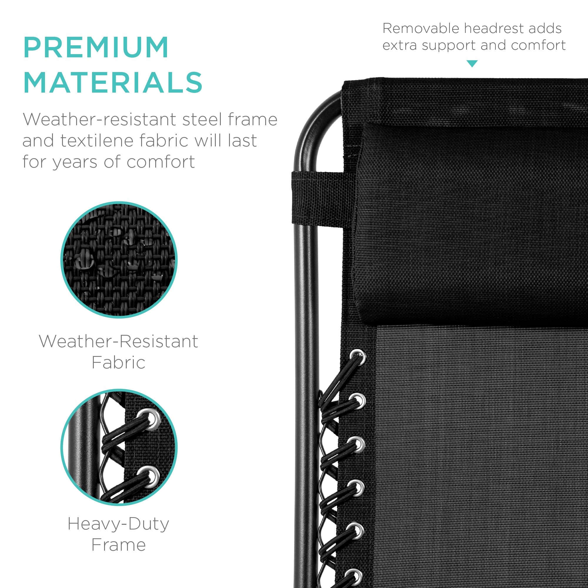 Best Choice Products Set of 2 Adjustable Steel Mesh Zero Gravity Lounge Chair Recliners w/Pillows and Cup Holder Trays - Black - Image 8