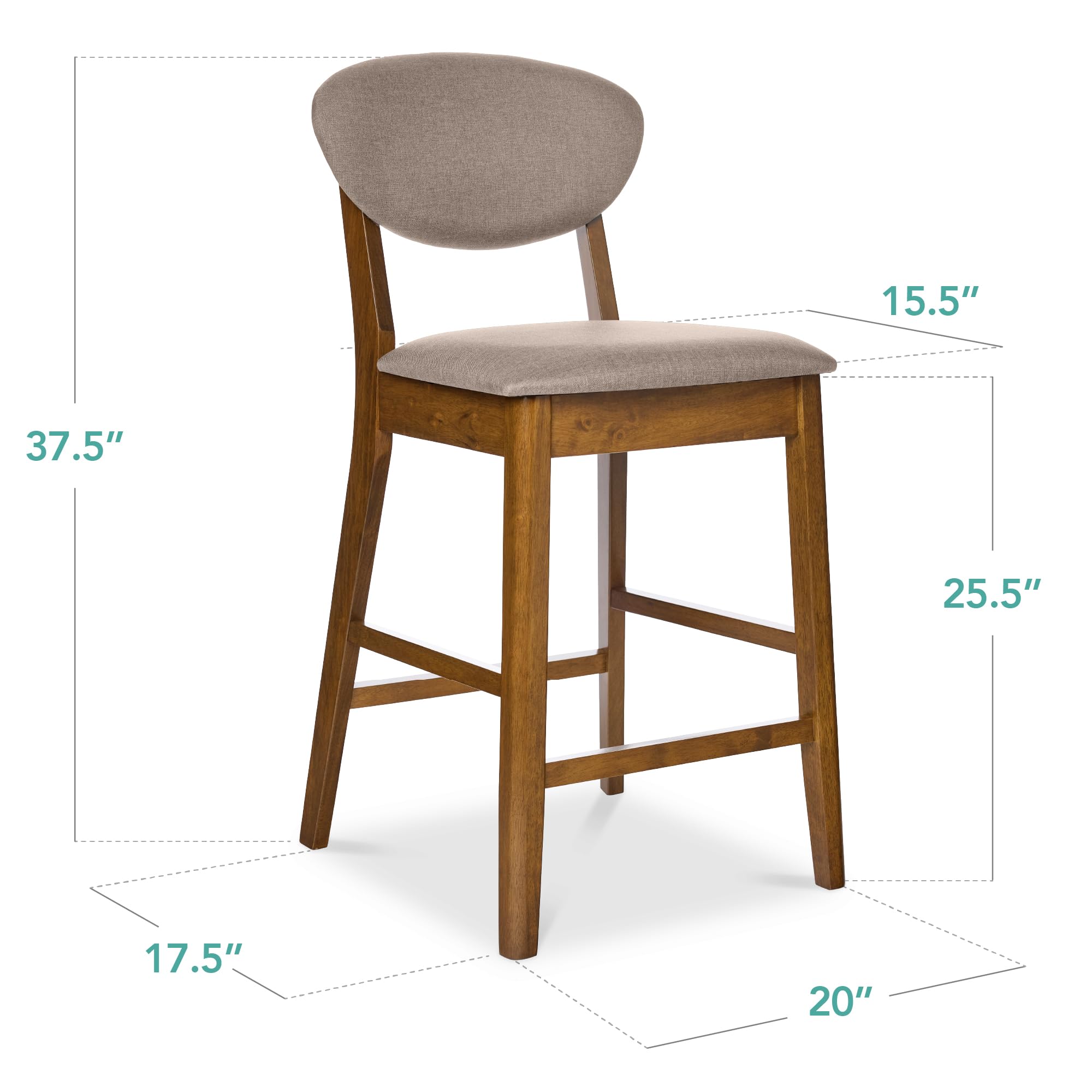 Best Choice Products Set of 2 Counter-Height Bar Stools, Mid-Century Modern, Armless Wood Stools W/Upholstered Seat Cushion & Backrest for Kitchen Island or Dining Room Bar - Walnut/Gray - Image 3