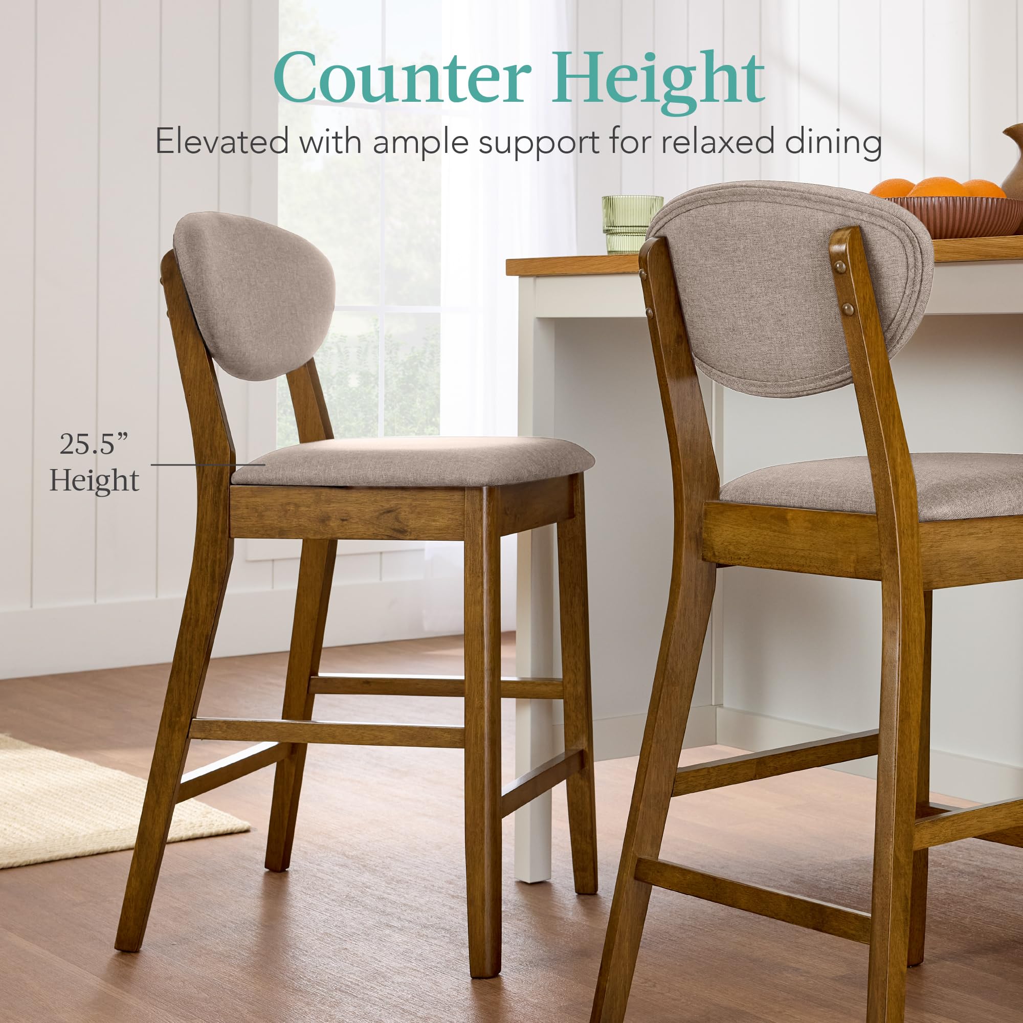 Best Choice Products Set of 2 Counter-Height Bar Stools, Mid-Century Modern, Armless Wood Stools W/Upholstered Seat Cushion & Backrest for Kitchen Island or Dining Room Bar - Walnut/Gray - Image 5
