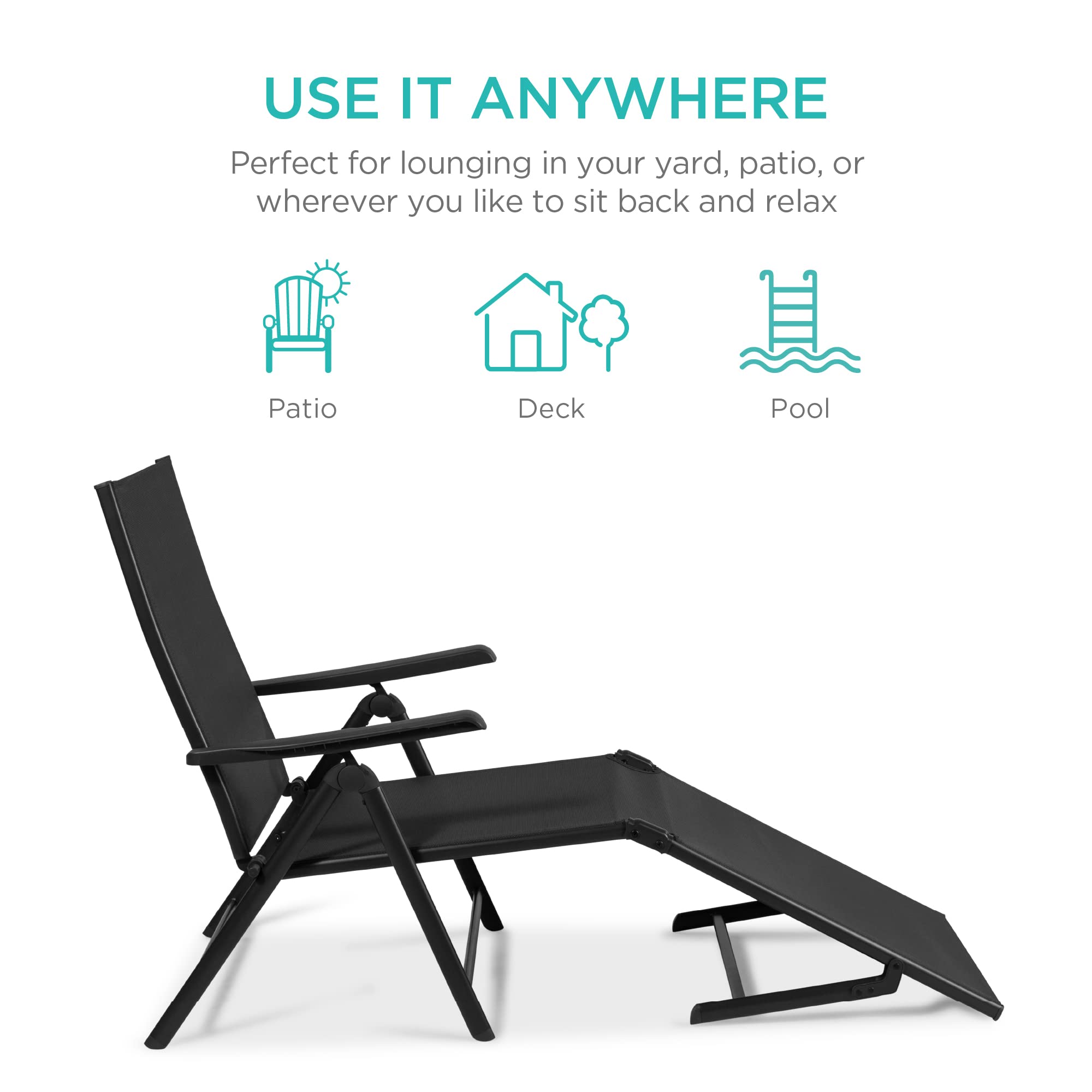 Best Choice Products Set of 2 Outdoor Patio Chaise Lounge Chair Adjustable Reclining Folding Pool Lounger for Poolside, Deck, Backyard w/Steel Frame, 250lb Weight Capacity - Black - Image 6