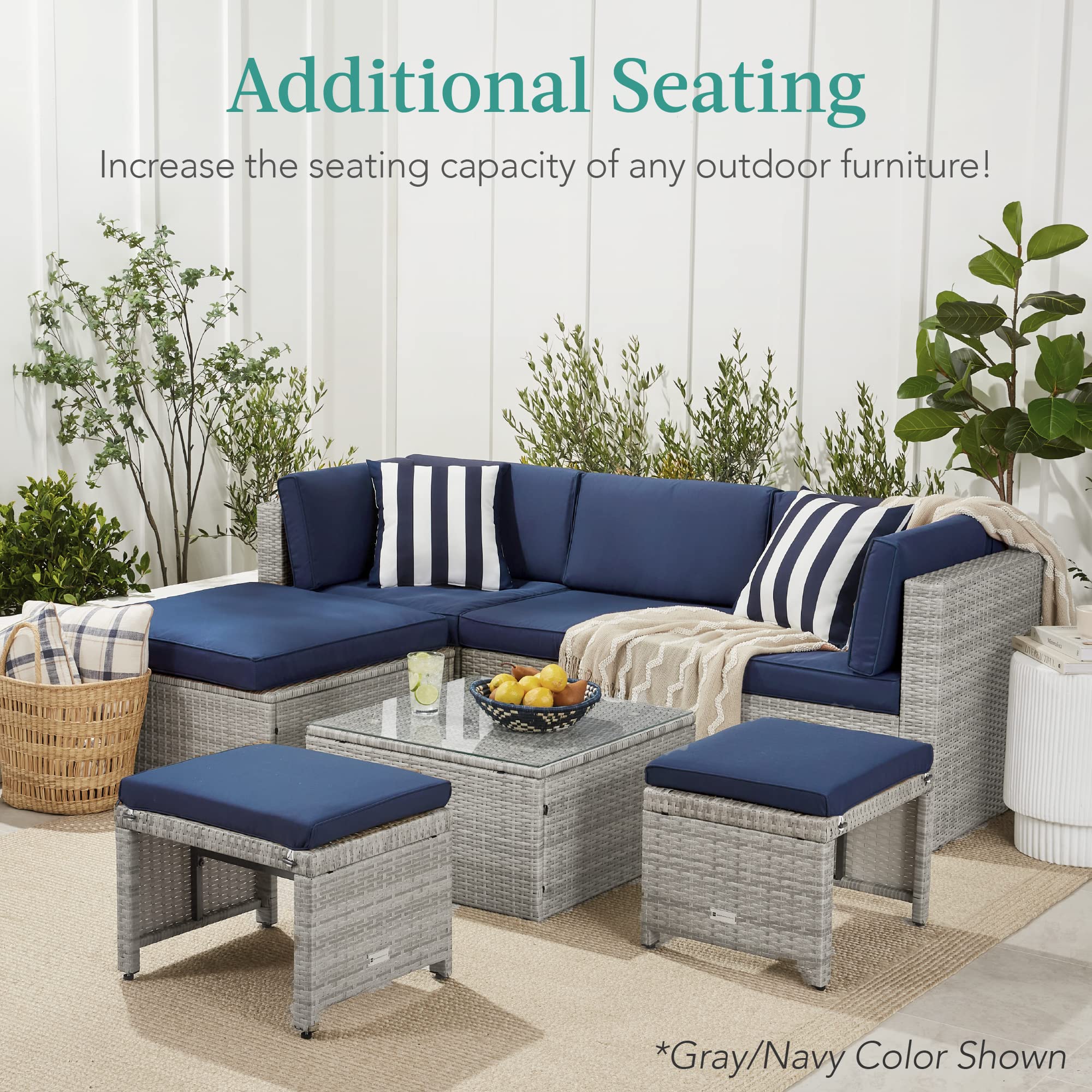 Best Choice Products Set of 2 Wicker Ottomans, Multipurpose Outdoor Furniture for Patio, Backyard, Additional Seating, Footrest, Side Table w/Removable Cushions, Steel Frame - Gray/Cream - Image 3