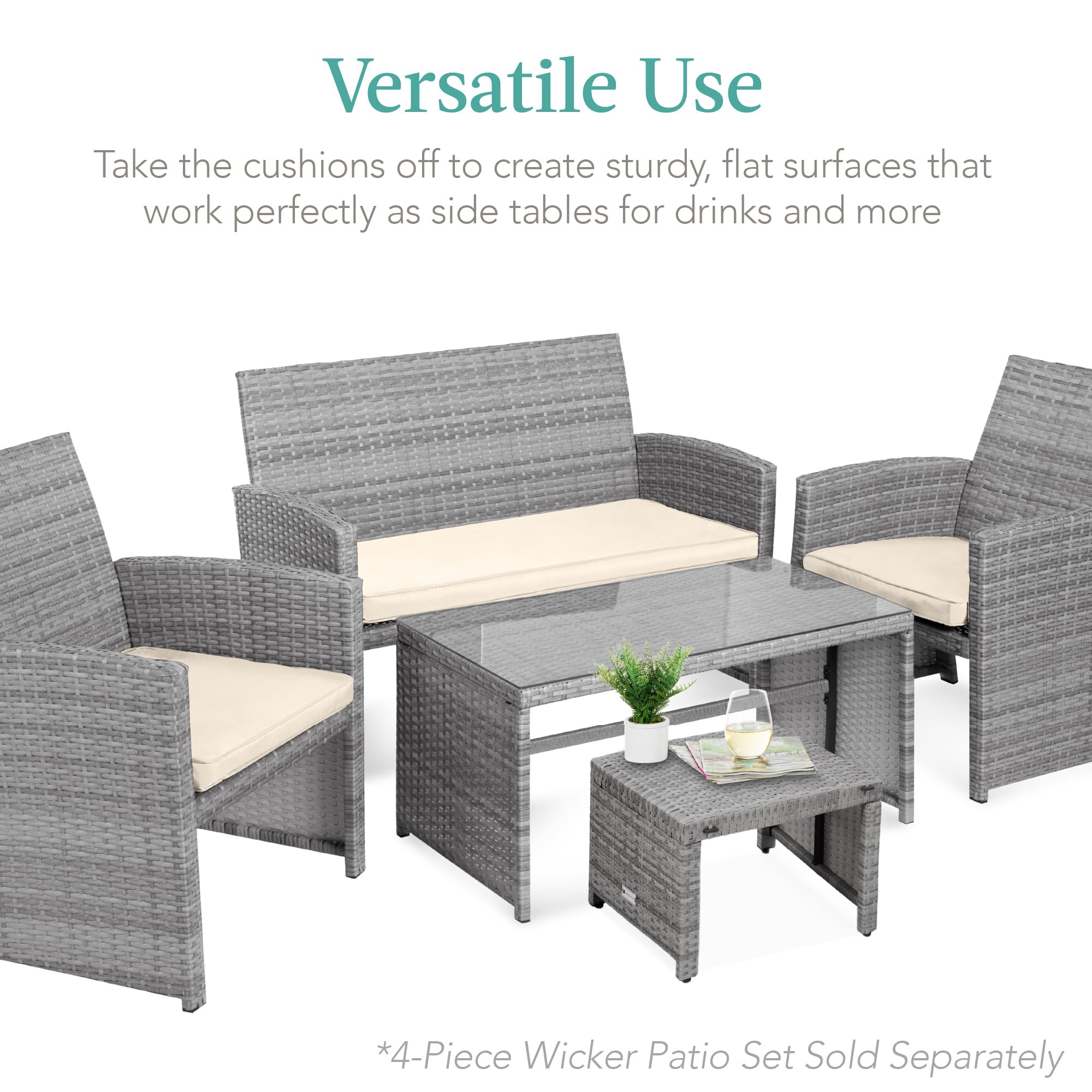 Best Choice Products Set of 2 Wicker Ottomans, Multipurpose Outdoor Furniture for Patio, Backyard, Additional Seating, Footrest, Side Table w/Removable Cushions, Steel Frame - Gray/Cream - Image 4