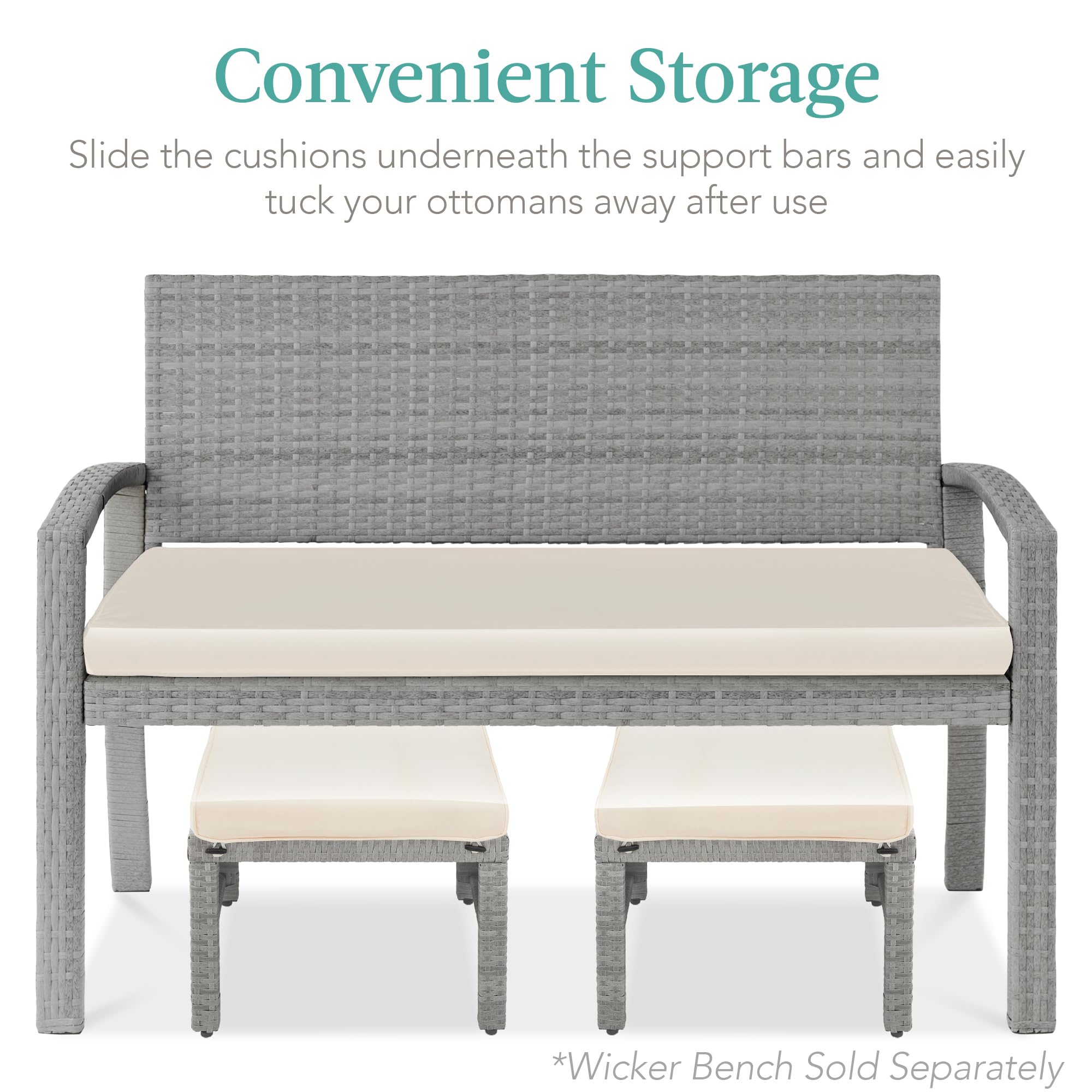 Best Choice Products Set of 2 Wicker Ottomans, Multipurpose Outdoor Furniture for Patio, Backyard, Additional Seating, Footrest, Side Table w/Removable Cushions, Steel Frame - Gray/Cream - Image 5