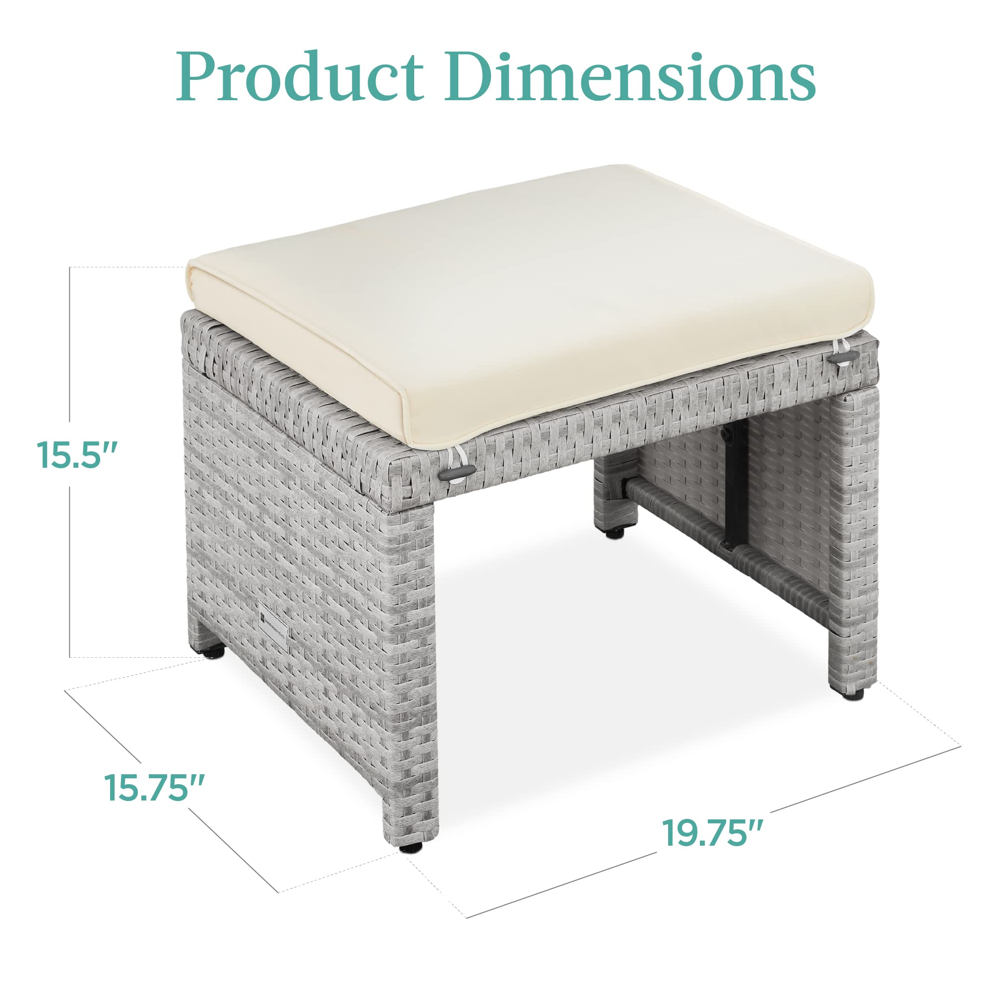 Best Choice Products Set of 2 Wicker Ottomans, Multipurpose Outdoor Furniture for Patio, Backyard, Additional Seating, Footrest, Side Table w/Removable Cushions, Steel Frame - Gray/Cream - Image 7