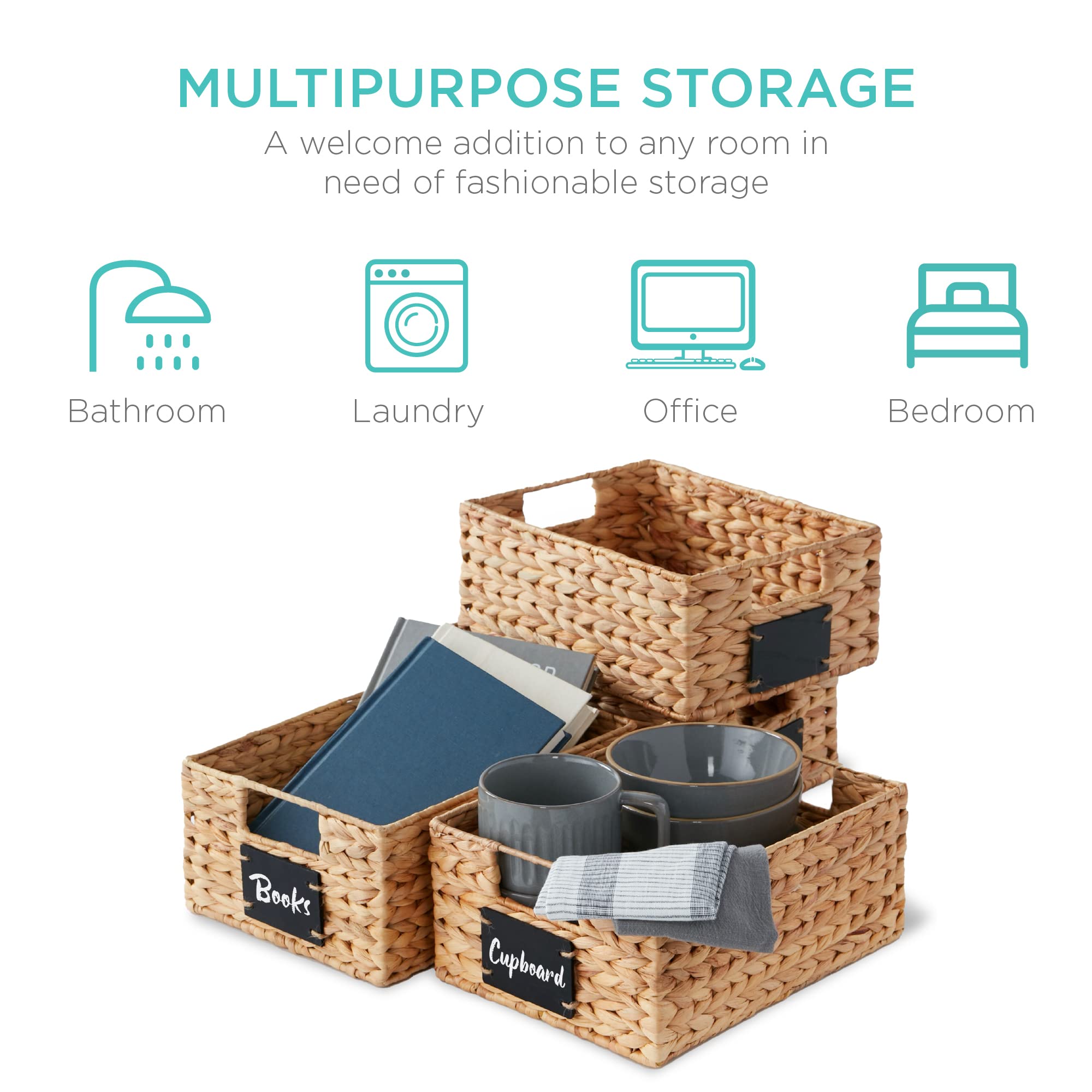 Best Choice Products Set of 4 9x12in Water Hyacinth Pantry Baskets, Woven Organizers w/Chalkboard Label, Chalk Marker - Natural - Image 6